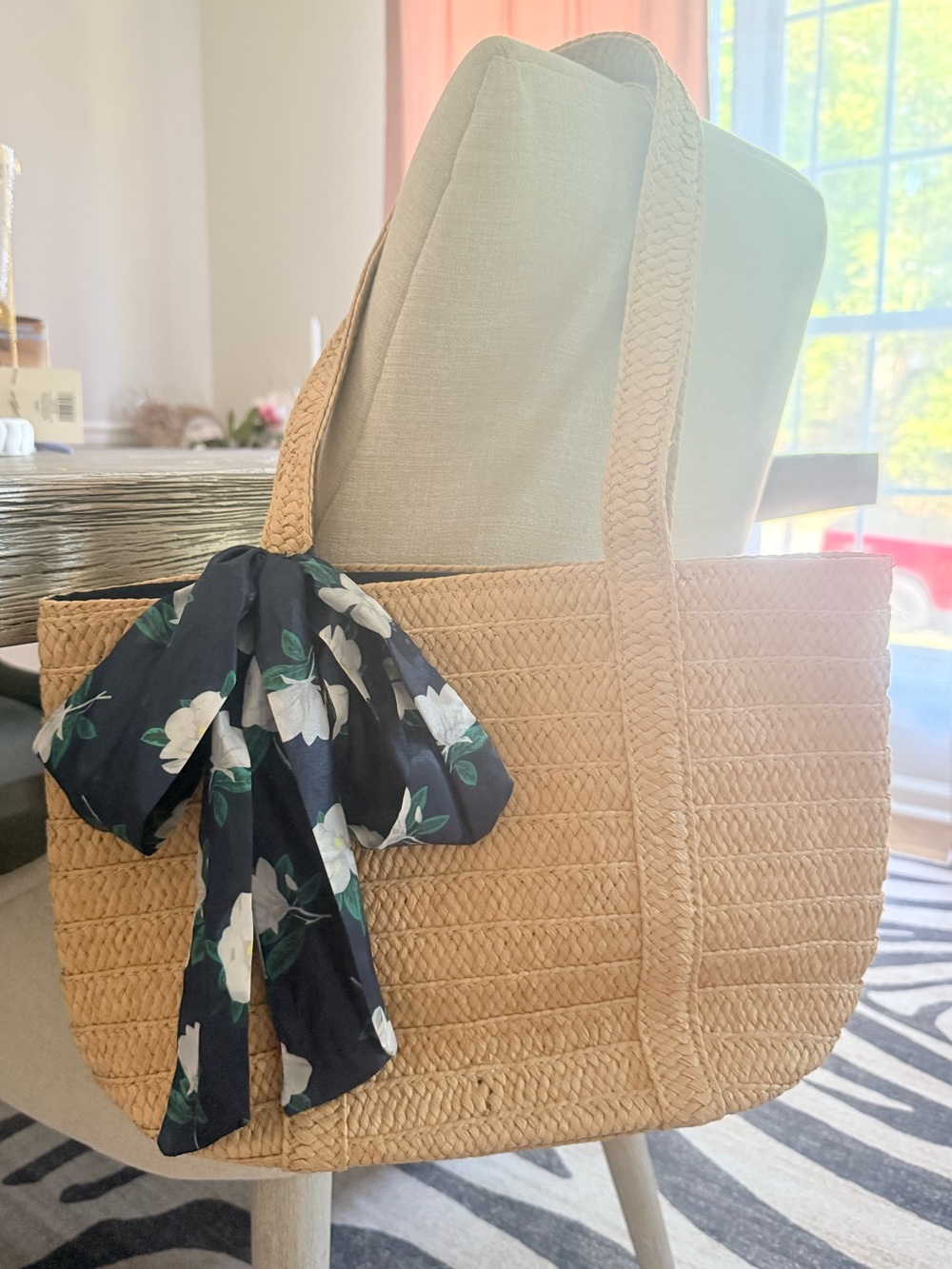 Woven Straw Tote Bag with Floral Scarf - Natural